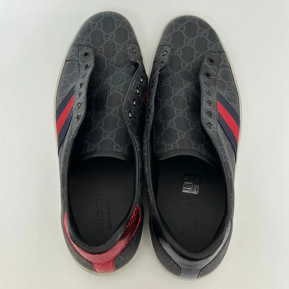 Gucci Ace GG Supreme Monogram Sneakers Grey Red Blue Web 429446 Mens 13